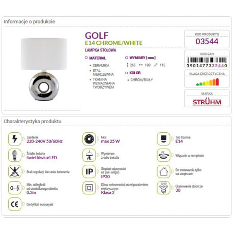 Lampka nocna GOLF chrome/white 03544 E14 Struhm
