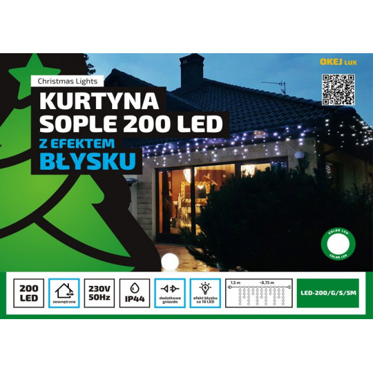 Kurtyna sople LED-200/G/S/5M zimne efekt błysku zewnętrzne OKEJ LUX