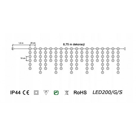 Curtain icicle LED-200/G/S warm outdoor 8,75m OKEJ LUX