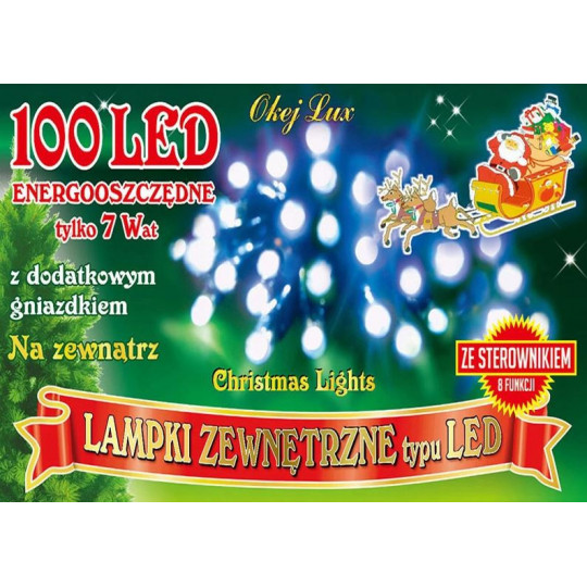 Lampki choinkowe LED100/8F niebieskie 10m 8 funkcji zewnętrzne OKEJ LUX