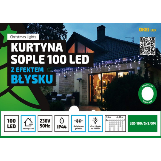 Curtain icicle LED100/G/S/5M cold outdoor 4,25m FLASH OKEJ LUX