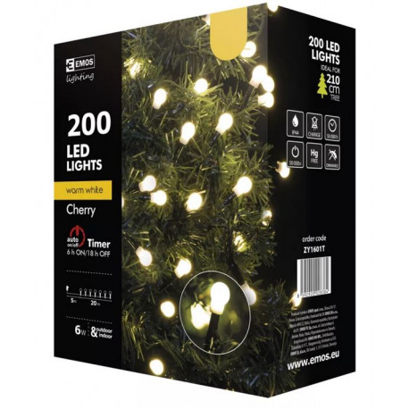 Lampki choinkowe kulki XMAS ciepły cherry timer 200LED 20m ZY1601T IP44 EMOS