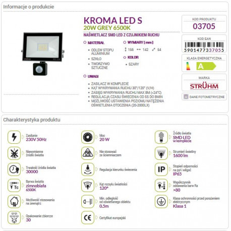 LED floodlight KROMA 20W +PIR 6500K grey 03705