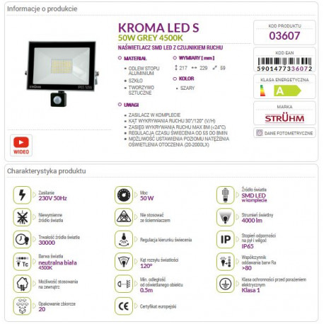 Naświetlacz LED KROMA 50W +PIR 4500K grey 03607