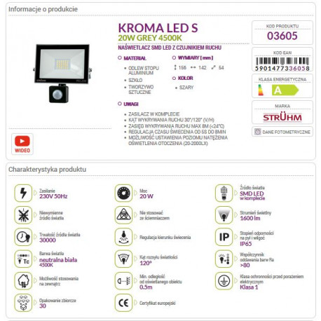 LED floodlight KROMA 20W +PIR 4500K grey 03605
