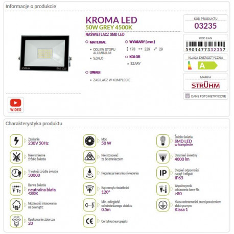 Naświetlacz LED KROMA 50W 4500K grey 03235 Struhm