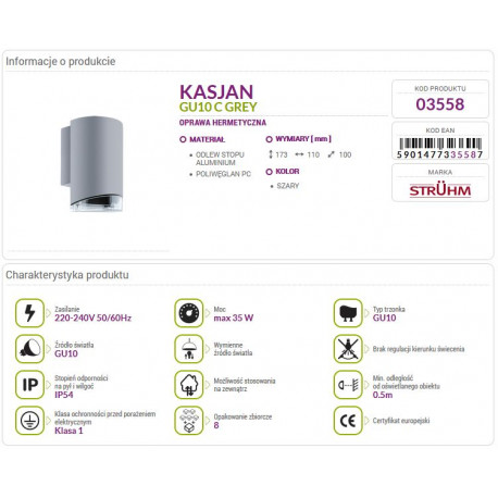 Kinkiet ogrodowy KASJAN 1xGU10 grey 03558 Struhm