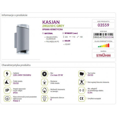 Kinkiet ogrodowy KASJAN 2xGU10 grey 03559 Struhm