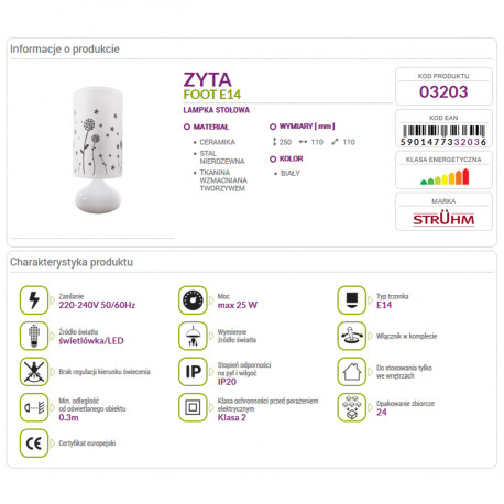 Lampka biurkowa ZYTA FOOT white E14 Struhm