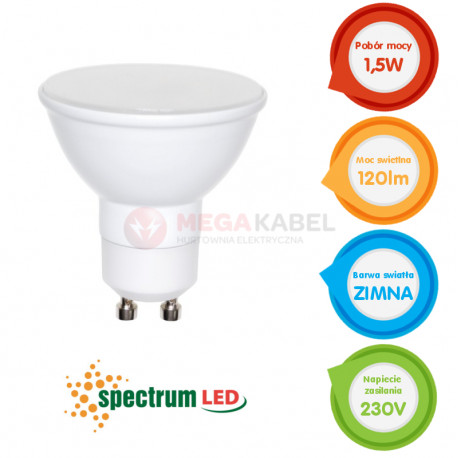 Żarówka LED GU10 1,5W 230V zimna CW SPECTRUM