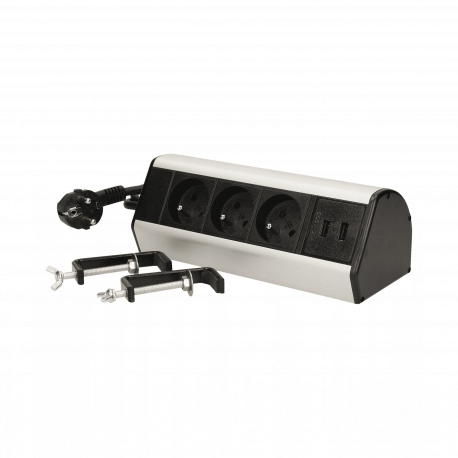 Gniazdo meblowe z zaciskami śrubowymi, ładowarką USB i przewodem 1,8m, 3x2P+Z, 2xUSB