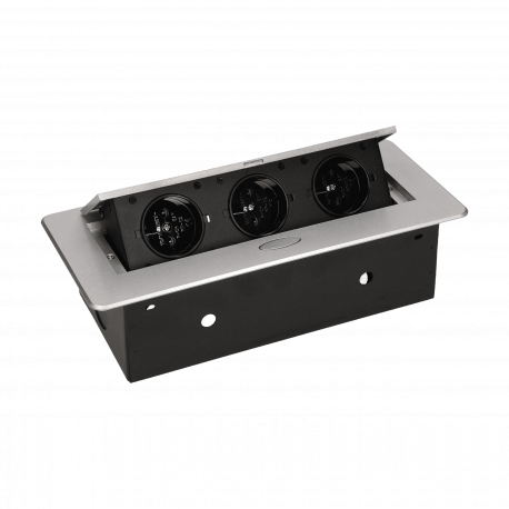 Gniazdo meblowe wpuszczane w blat z płaskim frezowanym rantem, 3x2P+Z, srebrne Orno