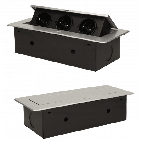 Gniazdo meblowe wpuszczane w blat z płaskim frezowanym rantem, 3x2P+Z, srebrne Orno