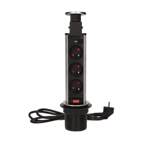 Furniture socket Ø6cm sliding out of countertop with locking mechanism and 1,8m cable, 3x2P+Z, INOX ORNO