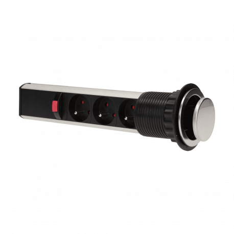 Furniture socket Ø6cm sliding out of countertop with locking mechanism and 1,8m cable, 3x2P+Z, INOX ORNO