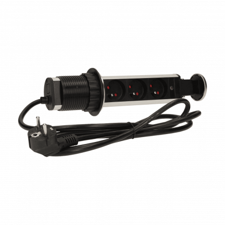 Furniture socket Ø6cm sliding out of countertop with locking mechanism and 1,8m cable, 3x2P+Z, INOX ORNO