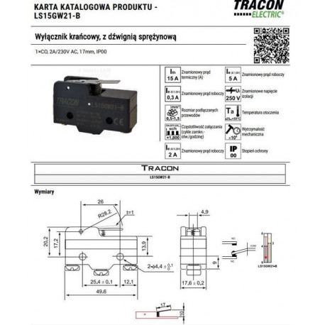 Limit switch with compression lever. LS15GW21-B TRACON