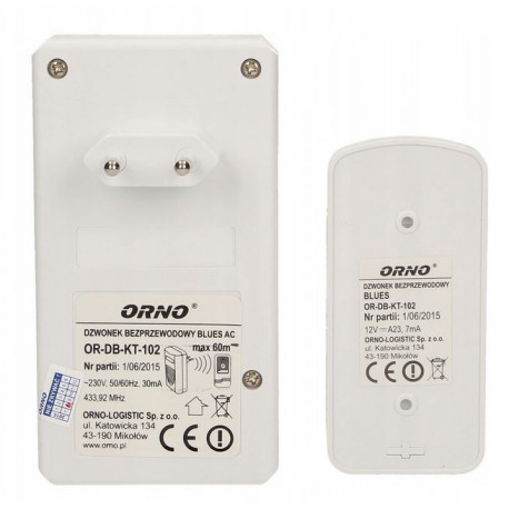 Dzwonek bezprzewodowy 230V biały OR-DB-KT-102 Orno