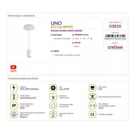 Oprawa wisząca UNO CLG White E27 03810 Struhm
