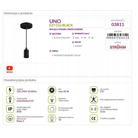 Oprawa wisząca UNO CLG Black E27 03811 Struhm