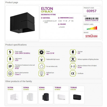 Lampa kinkiet ELTON G9 black 03957 Struhm