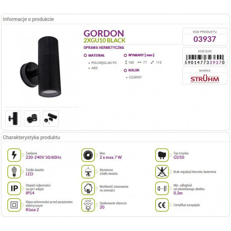 GORDON black 2xGU10 garden wall lamp 03937