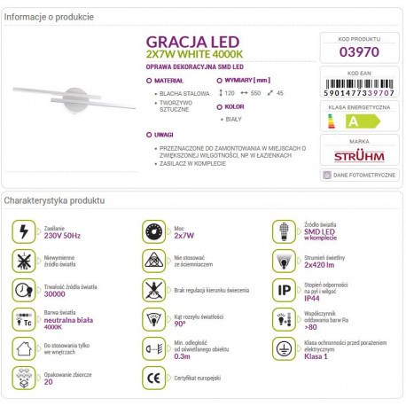 Lampa dekoracyjna nad lustro GRACJA LED 2x7W white NW 03970 STRUHM