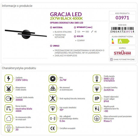 Lampa dekoracyjna kinkiet GRACJA LED 2x7W black NW 03971 STRUHM