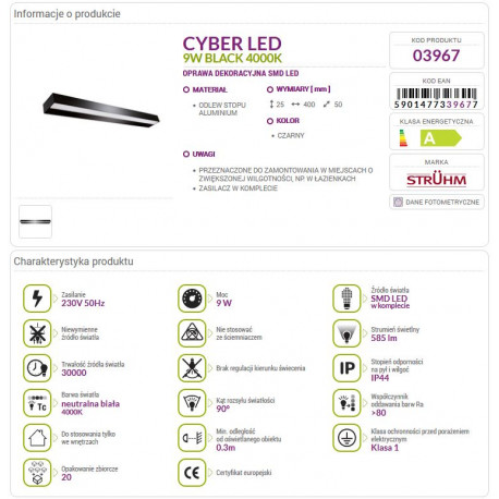 Lampa dekoracyjna kinkiet CYBER LED 9W black NW 03967 STRUHM