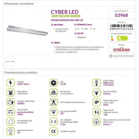 Lampa dekoracyjna kinkiet CYBER LED 14W silver NW 03968 STRUHM