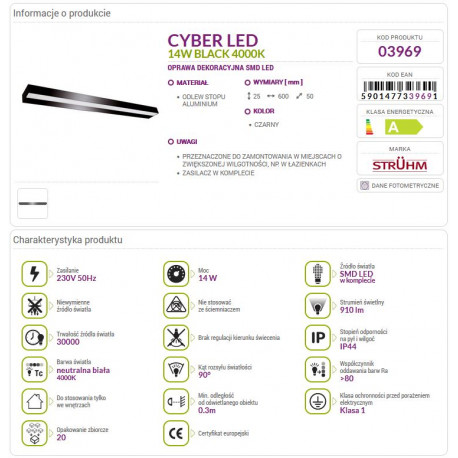 Lampa kinkiet dekoracyjny CYBER LED 14W black NW 03969 STRUHM