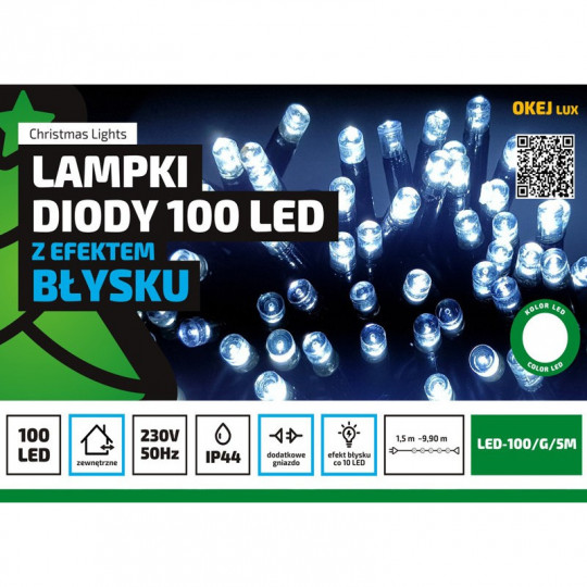 Lampki choinkowe LED100/G/5M zimne zewnętrzne 10m FLASH OKEJ LUX