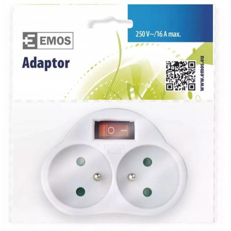 2-GN grounded plug splitter with switch white P0062 EMOS