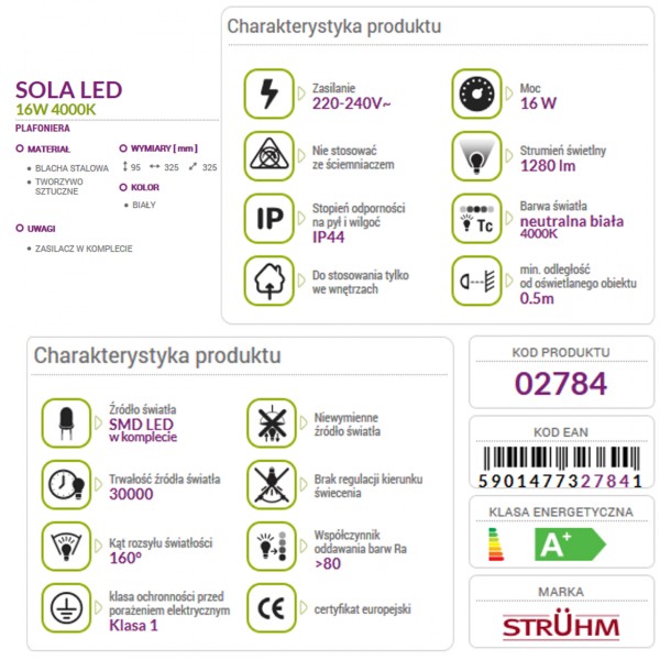 Lampa plafon SOLA LED SMD 16W 4000K IP44 STRUHM