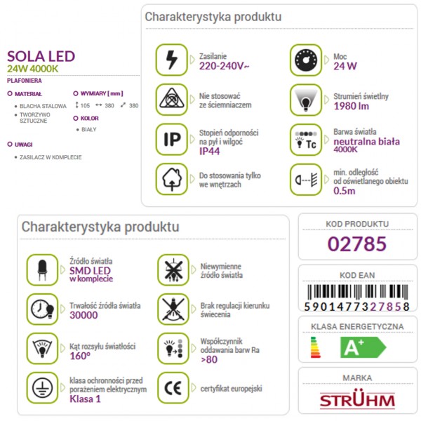 Lampa plafon SOLA LED SMD 24W 4000K IP44 STRUHM