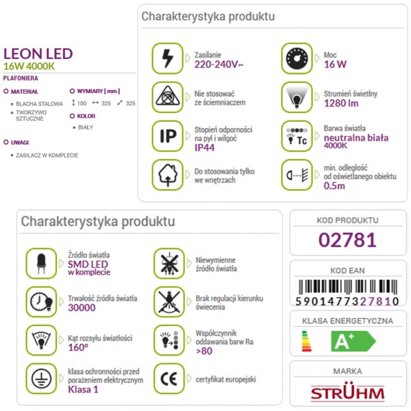Lampa plafon LEON LED SMD 16W 4000K IP20 STRUHM