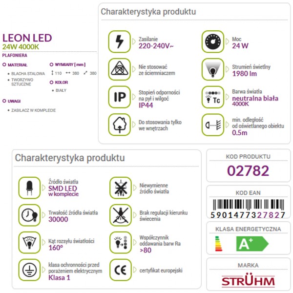 LEON LED SMD 24W 4000K plafond lamp IP20 STRUHM