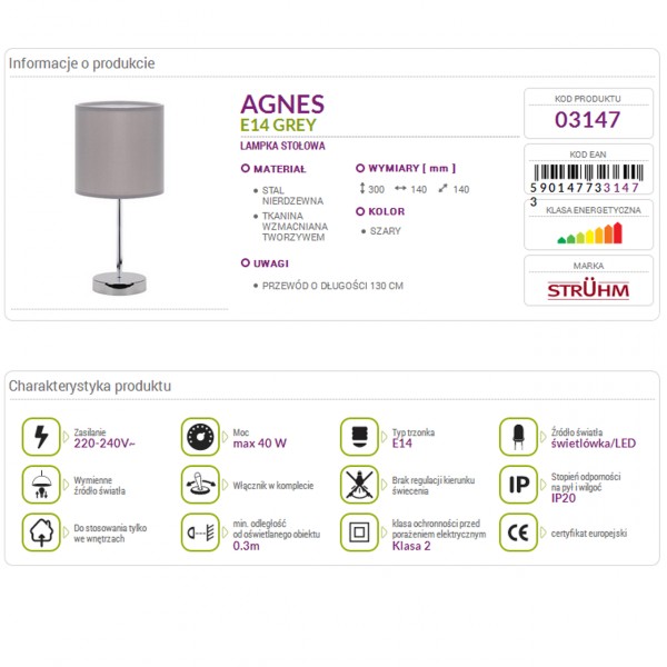Lampka biurkowa AGNES Grey E14 40W STRUHM