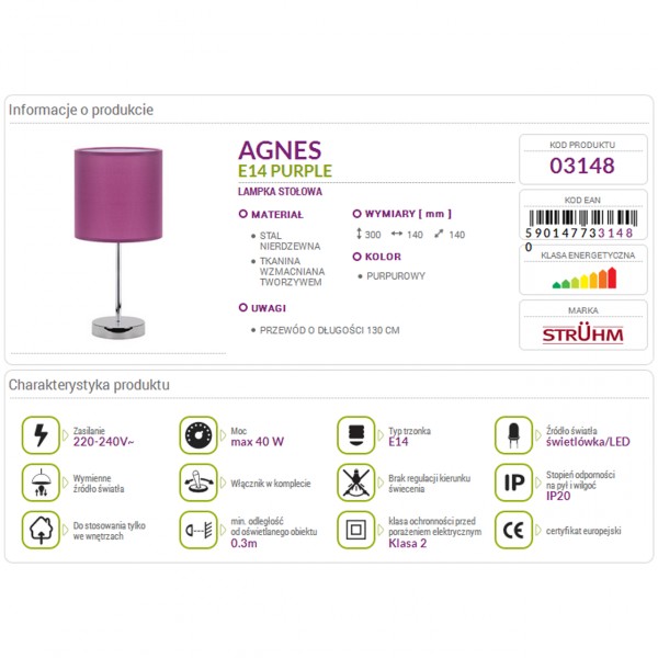 AGNES Purple E14 40W STRUHM desk lamp