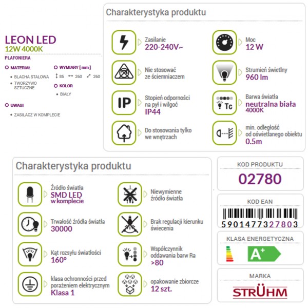 LEON 12W 4000K LED plafond lamp STRUHM 02780