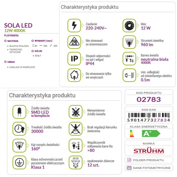 SOLA LED SMD 12W 4000K plafond lamp IP44 STRUHM