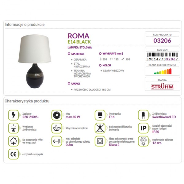 ROMA BLACK E14 Struhm desk lamp