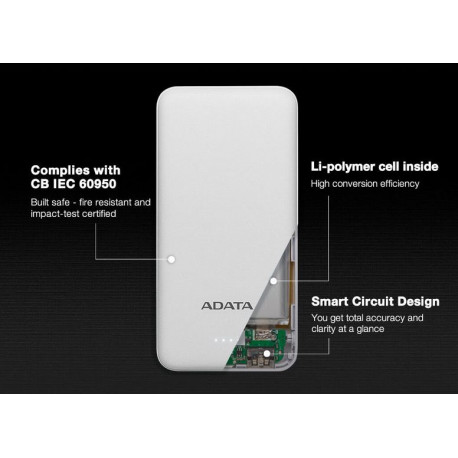 Powerbank T10000mAh 2A biały ADATA