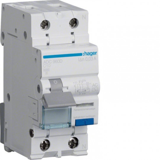 Residual current circuit breaker ADC960D 2P 10A C AC HAGER.