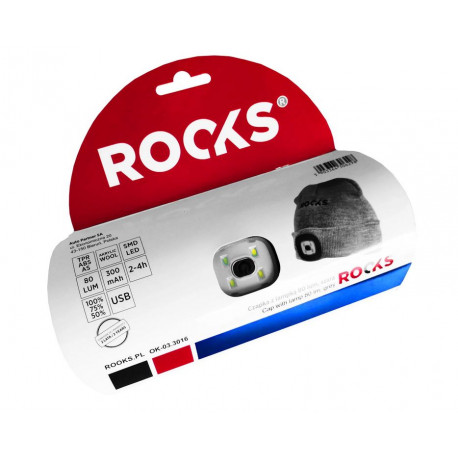 Czapka z latarką 80lm USB szara ROOKS
