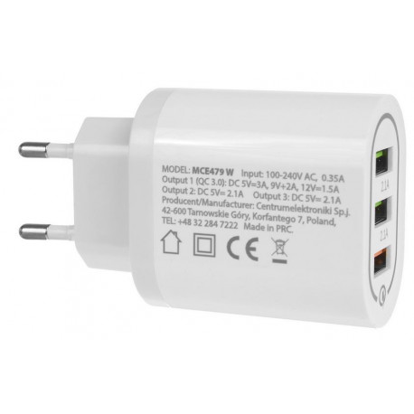 Ładowarka sieciowa 3xUSB MCE479 White QC 3.0 MACLEAN