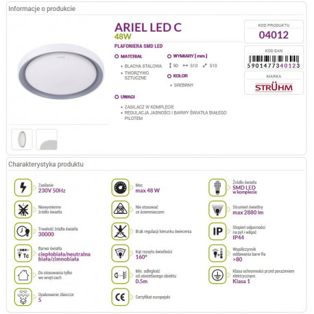 Lampa plafon ARIEL LED C 48W +pilot 04012 Struhm