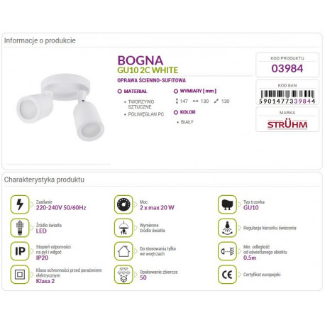 Lampa BOGNA 2C White 03984 GU10 Struhm