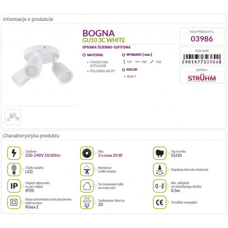 Lampa BOGNA 3C White 03986 GU10 Struhm