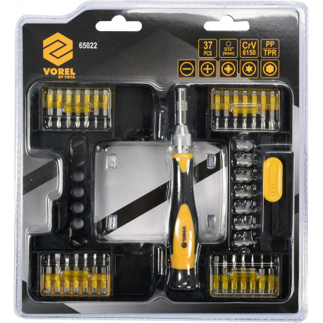 Zestaw końcówek śrubowkrętowyhc z uchwytem 37 części Vorel